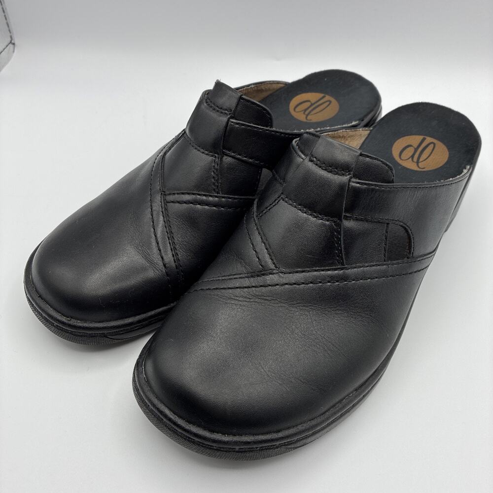 DL Women's Sparkler Black Leather Slip-on Comfort Clog Mule Shoe Size 7.5